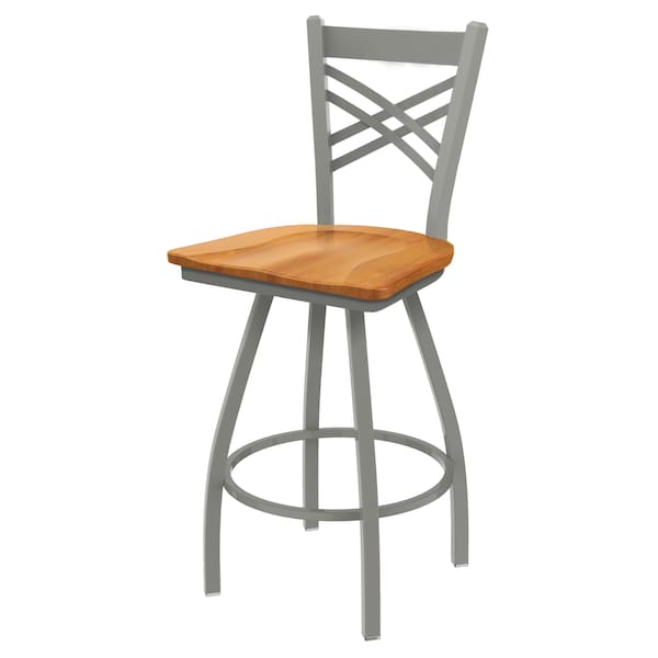 36" Swivel Bar Stool, Nickel Finish, Med Maple Seat